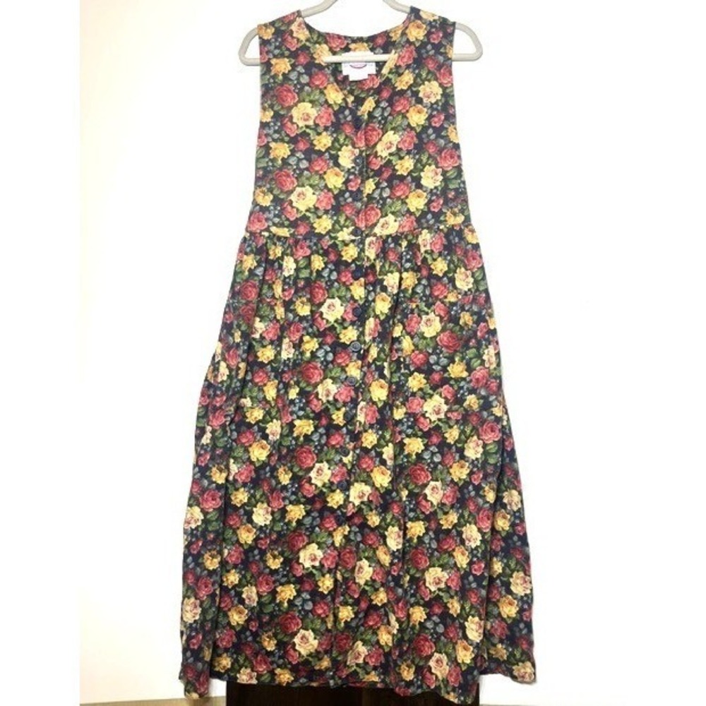 Vintage Conversation Pieces Floral Cotton Maxi Dress Navy Button Rose Small